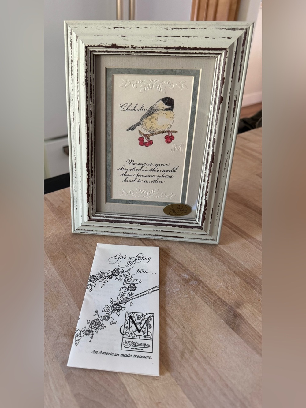 Impressions Distressed White Brown Wood Picture Frame Chickadee Art 7.25”x9”